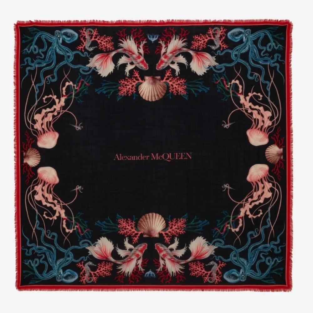 Alexander McQueen Underwater Logo Large Wool Scarf Multicolor